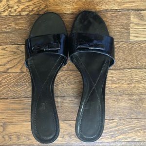 Enzo Angiolini Pansey Black Patent Leather Slip-On Open Toe Wedge Heels